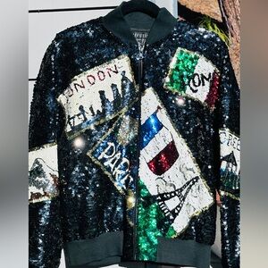 Vtg sequin Euro travel themed silk bomber jacket size 8. Sequin front and back